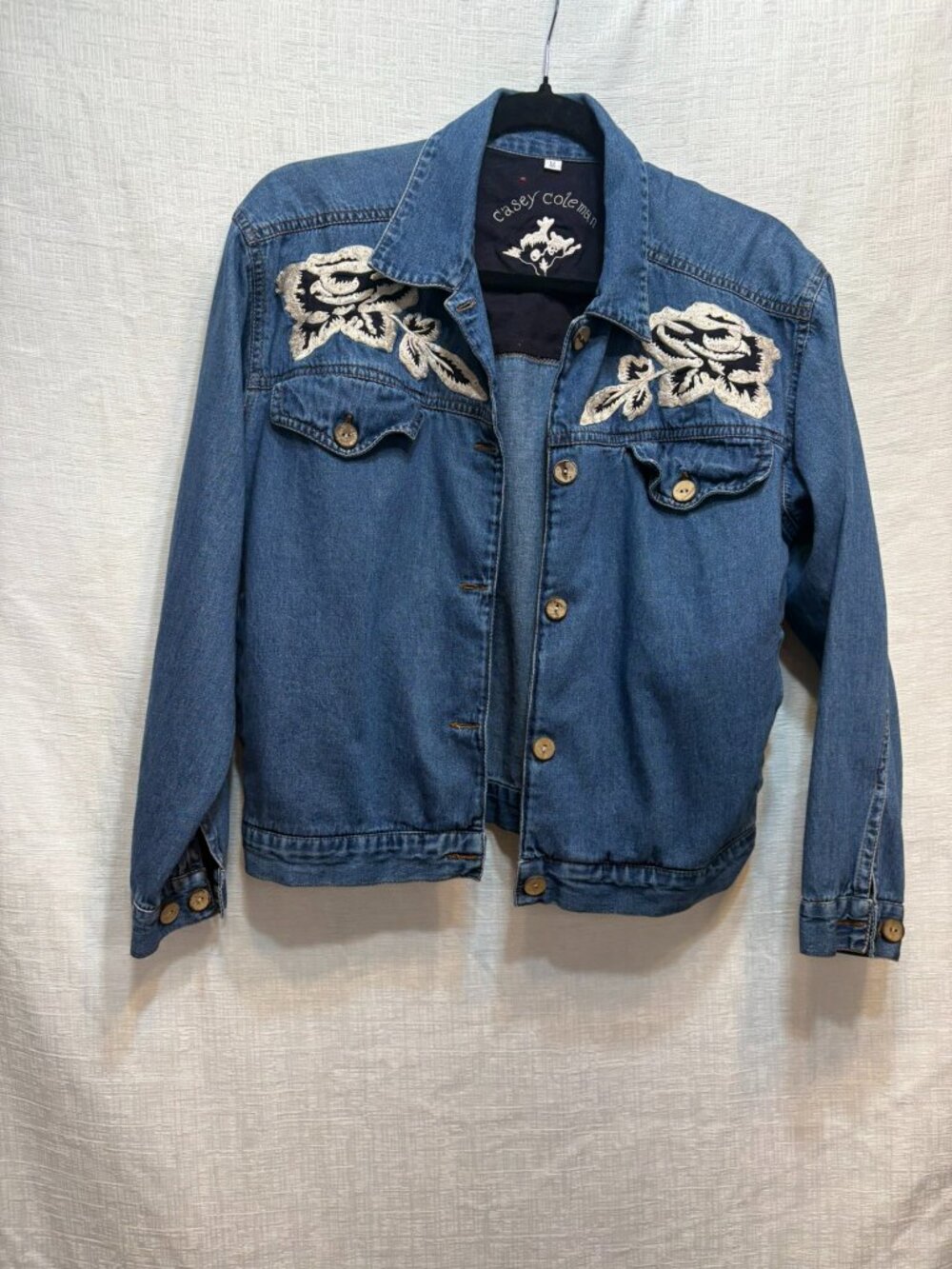 Casey Coleman Vintage Denim Jacket with Cream Black Floral Rose Embroidery